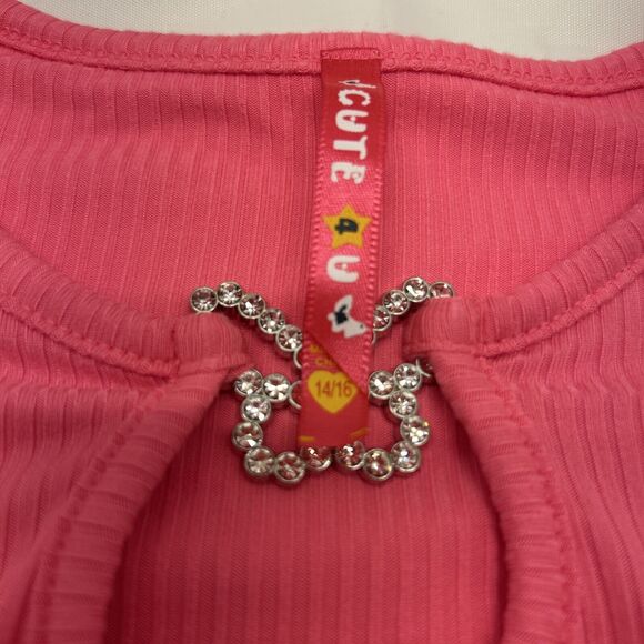 Cute 4 U Girls Pink Top with Rhinestone Butterfly Ruched at Sides Girls Size 14 - Picture 5 of 5